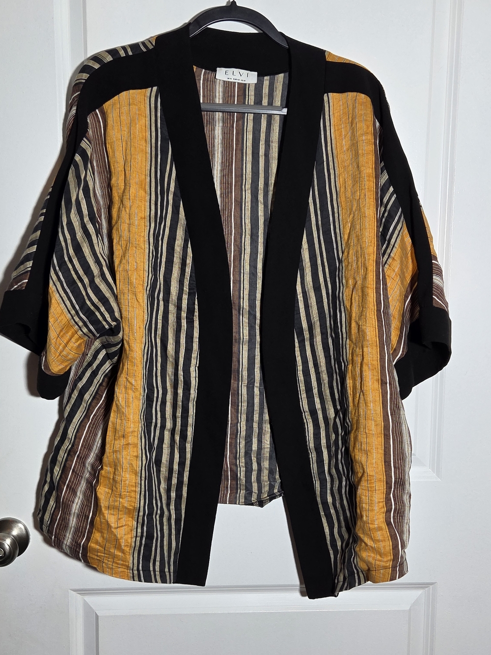 Elvi Striped Open-Front Kimono in Mustard, Black and Brown Size 10